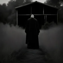 a priest, headless, with no head. priest collar. facing away from camera. standing in the woods in front of a barn. tall grass.