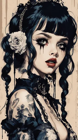 Poster in two gradually, a one side malevolent goth vampire girl face and other side the Singer Melanie Martinez face, full body, painting by Yoji Shinkawa, darkblue and sepia tones,