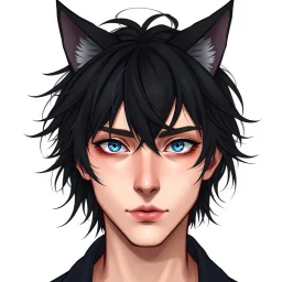 An androgynous man with messy black hair, black cat ears on his head, blue eyes.