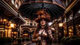 woman standing in a street with a parasol shaped like a mushroom with tentacles, in a steampunk setting