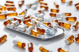 Vaccine ampule on a white table; aluminum tray; pills and packaging material;