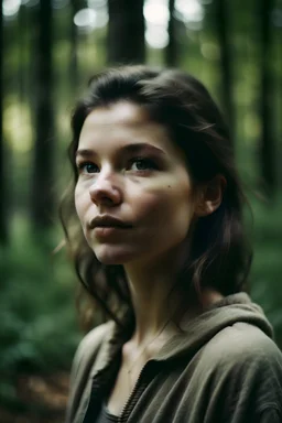 Film still, cinematic, photo of a 22 year old cute woman, naga kobieta, bez ubrań, nagie piersi, shot on film,Realistic forest background