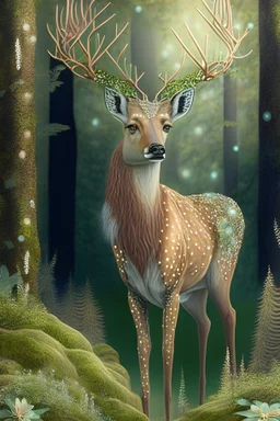 a handsome light brown deer with green rhinestones stands in a mythical garden with birch trees