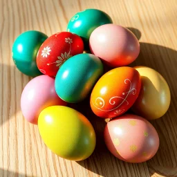 An 8k resolution, 16:9 aspect ratio photograph, photorealistic style, capturing a meticulously arranged cluster of Easter eggs on a rustic light oak surface. The eggs, flawlessly smooth and glossy, reflect soft, diffused natural light, showcasing a vibrant palette of azure, emerald, ruby, golden yellow, and blush pink. Intricate patterns—delicate floral motifs and abstract swirls—are subtly visible on each egg, some accented with flecks of gold leaf. The eggs cast subtle, soft shadows, highlig