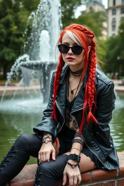 Gothic style rebel woman teenager, pretty and arrogant, red hair and black shiny round sunglasses, leather jacket, edgy bohemian outfit, combat boots, captivating grey eyes, white hair styled in intricate braids, playful and mischievous demeanor - depicted sitting at the edge of a fountain in a city green park, vibrant punk street fashionista, high realistic