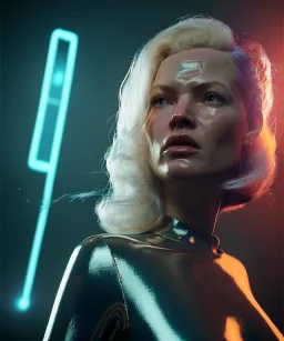 retro sci-fi portrait image from 1980, Los Angeles street explosions, fire, scared people, blonde woman walking, sweet Kate moss face, tight latex suit, soft color, highly detailed, unreal engine 5, ray tracing, RTX, lumen lighting, ultra detail, volumetric lighting, 3d, finely drawn, high definition, high resolution.