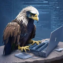 An eagle as a hacker using the computer
