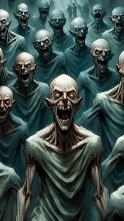 A demonic figure with a triangular body with long arms and creepy small eyes that is floating in a dark room