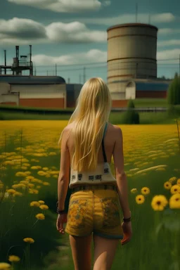 Back view of a beautiful blonde lady with long free hair and wearing Swedish women's international football shorts and shirt, strolling across a grassy field full of wildflowers towards a huge brewery industrial complex.