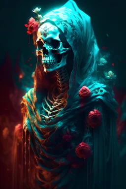 Santa Muerte, best quality, digital painting, extremely smooth, fluid, 3d fractals, light particles, dreamy, alcohol ink, smooth, shimmering, dreamy glow, conceptual art by alberto seveso, anna dittmann, arthur rackham, harmonious color scheme, 32k, Mysterious