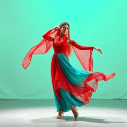 lady in azeri dance custum change clothing color to cyan and red fullbody shot standing in a pretty stage,not decolte,with a long lace scarf