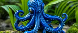 A dark blue water elemental octopus designed in Hawaiian tiki statues painted by Frank Wilson