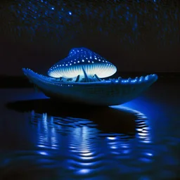 a noctilucent boat made of a mushroom on the ocean at night by artist "Michiel Schrijver",by artist "Leonora Carrington",by artist "Pinhole Photography"