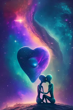 one alien and one human human in love overlooking a nebula