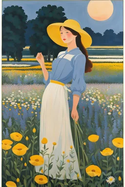 Young woman in flower field in the evening,f48,