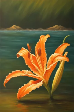 Orange tiger lily flower oil painting in the sea