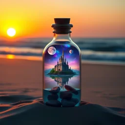 Create an image of a glass bottle with a cork stopper, sitting on a sandy beach during sunset. Inside the bottle, depict a vibrant fantasy scene with a castle surrounded by water. The sky inside the bottle should be starry and include planets, while the outside environment reflects a serene beach setting with waves and rocks.