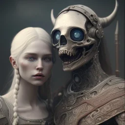 A viking boy and a girl, hr giger, scary, steam punk, realistic, made in octane, cinematic, ultra-realistic, extremely detailed octane rendering, 8K, VRAY Super Real ar 2:3, dof photorealistic futuristic 50mm lens hard lighting dark gray tintype photograph, realistic lighting, sepia color