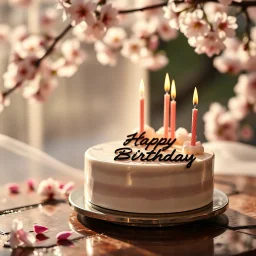 crystal stone romantic atmosphere, glossy transparent stone tabletop, rich atmosphere, shades, tulle, candles, birthday cake written on it “ Happy Birthday “ from the side, luxury, close-up, warm light, minimalismspring cherry blossoms blurred background sunny weather