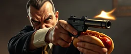 mean looking mafia thug with hot dog hand gun