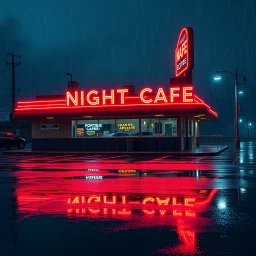 captivating high-resolution image of glowing neon diner sign reading "NIGHT CAFE," vibrant UV-reactive neon colors on a rainy night. The bright red neon track lighting wraps around the roof, creating a mesmerizing glow. The parking lot is full, with puddles reflecting the dazzling neon lights. HD, mind-bending artistic photography. rendered in stunning 8k resolution, Unreal Engine 5