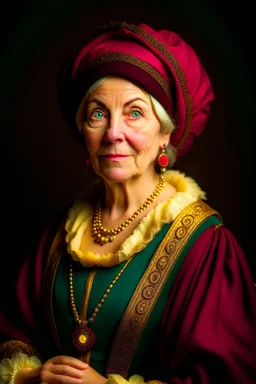 A portrait of a 50-year old british aristocrat woman from XV century in strict clothes, authoritative