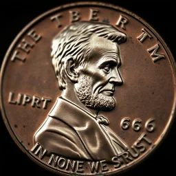 Close up photography of a 1966 Copper Penny but with a mottled grimacing zombie that resembles Lincoln, text "1966", text "IN NONE WE TRUST", horror, surreal, dark negative space