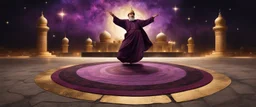 Hyper Realistic Sufi Whirling on stone floor with maroon, purple & Golden Islamic Sufi Rustic Grungy Background outside black-&-golden marble Islamic monument at dark night, heavy-fig with stars on sky showing dramatic & cinematic ambiance.