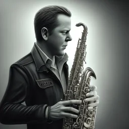 A portrait of a kiefer sutherland playing saxophone, sin city, frank miller, low key lighting, volumetric light, digital art, highly detailed, fine detail, intricate, ornate, complex, octane render, unreal engine, photorealistic