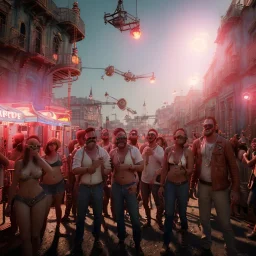 Realistic photo, medium shot view, strong men, carnival scene, steampunk. Women, Drunken, Sunglasses, smoking, happy, hot. Many people background, highly detailed, concept art, unreal engine 5, ray tracing, RTX, lumen lighting, ultra detail, volumetric lighting, 3d, finely drawn, high definition, high resolution.