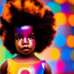 full body shot, masterpiece, best quality, child, boy, dark skinned, sparkling eyes, fluorescent skin, colorful makeup, afro, highly detailed body, sun light, 4K, RAW, depth of field, high contrast, realistic details, 24mm