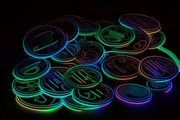 black background, outlines of a holographic coins, drawn from thin neon-coloured glowing lines