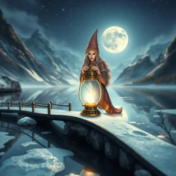 airbrush and pen outline, portrait of a glittering female Deep Gnome (Svirfneblin) jesus magician holding huge glass lantern balancing on frozen bridge pond, huge mountains and moon reflecting on pond, goa psy ambient in the style of vangelis and fsol, source vibrations, bokeh like f/0.8, tilt-shift lens 8k, high detail, smooth render, down-light, unreal engine, prize winning