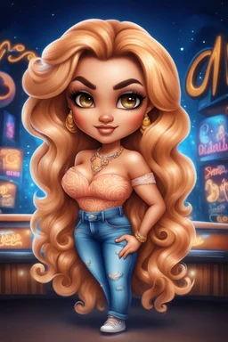 create an airbrush illustration of a chibi cartoon curvy polynesian female wearing Tight blue jeans and a peach off the shoulder blouse. Prominent make up with long lashes and hazel eyes. She is wearing brown feather earrings. Highly detailed long blonde shiny wavy hair that's flowing to the side. Background of a night club.