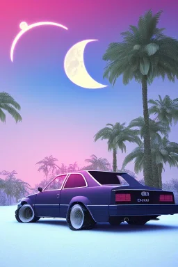 1980's aesthetic vaporwave palm trees with lighting with moon with audi in the winter snow