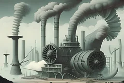 turbine construction factory , surrealist illustration, steam and smog around,