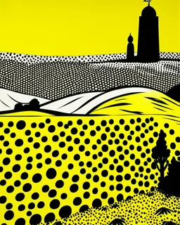 A yellow desert with an Egyptian fortress painted by Roy Lichtenstein