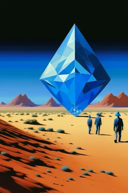 giant diamond in the desert with small people around n the style of Hiroshi Nagai