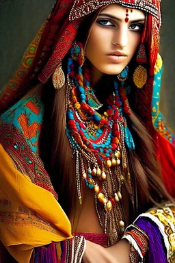 bohemian gorgeous gypsy woman in traditional gypsy dress