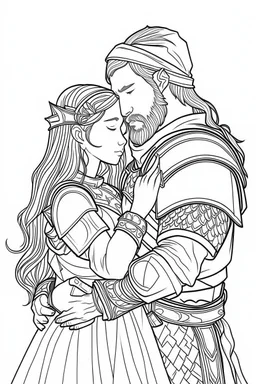 Fantasy coloring page, minimal detail. HD. Woman embracing a male knight with a beard