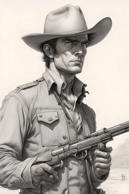 Cowboy with winchester rifle by Jean Giraud, Moebius, Kim Jung Gi, Dave Gibbons, highly detailed, pencil sketch, ultra realistic, dynamic pose, hight quality art