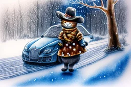 Cute little happy cat scarecrow riding a luxury car, forest path background, winter, snowflakes swirling, waterfall, reflection, mist, sunrise, smooth intricate photorealistic hyperrealistic high definition beautiful lighting pencil sketch watercolor dramatic lighting storybook illustration polished Deep shadows deep color warm light shiny glitters
