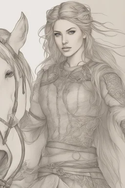 A drawing of beautiful woman with blond hair, viking braids Brown leather armor. Horse