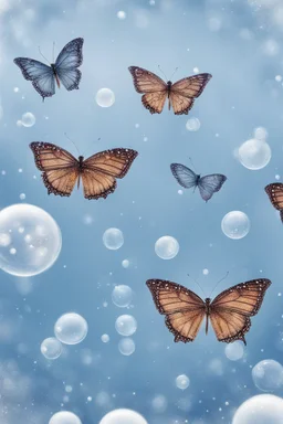 Butterflies and bubbles flying up to the sky in winter wonderland