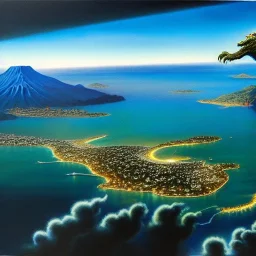 Drawing of 'Godzilla Earth',aerial view, painting by Earl Norem, simon Bisley,frazetta,西嘛哒, evan lee, Vallejo,kelly oil on canvas, cinematic composition, extreme detail,fit full head inside picture,8k