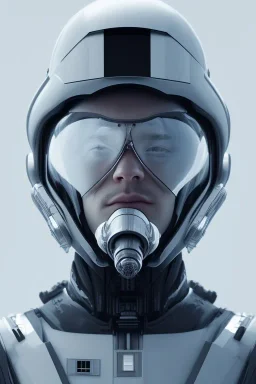 Joi, Black intergalactic pilot suit, portrait, bright white eyes, wearing high tech pilot breathing mask, beautiful face, white smoke, dark, rage, sorrow, high definition, ultra 8 k, volumetric lighting, blue fire, fog