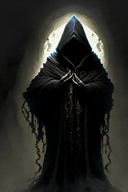 Cultist with dark robes, hooded cloaks, symbolic embellishments. "The shadowed hand"