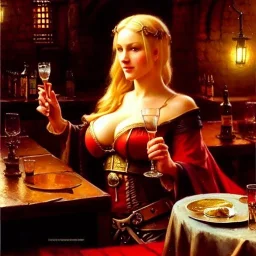 fullbody portrait 'beautiful face blonde massiveboobs medieval wench on tavern in medieval city',painting by gaston bussiere, greg rutkowski, yoji shinkawa, yoshitaka amano, tsutomu nihei, donato giancola, tim hildebrandt, oil on canvas, cinematic composition,sharp image, extreme detail,((fit full head inside picture)),32k