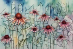 Create a surreal abstract watercolor and ink painting of an Echinacea in a garden. In the style of Paul Klee, Picasso, Matisse. Geometric. Map like qualities. Modifiers: elegant intricate beautiful high detail high definition crisp quality colourful zentangle