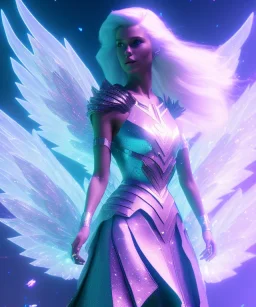 A crystalised queen, atmospheric, realistic, unreal engine, cinematic lighting, octane render. blue, pink, transparency, light, shine,bright, full body, transparent wings, blonde, long hair, smile